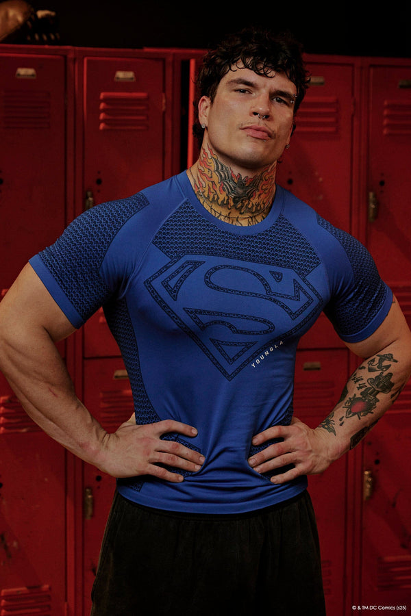 4117 - Superman Compression Tees - Sculpted fit, premium patterns, and detailed paneling, designed for performance and superhero-inspired style in Blue.
